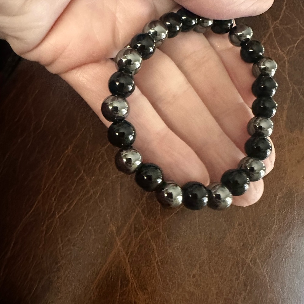 Handmade Hematite obsidian beaded Black and Silver stretch Bracelet for memory